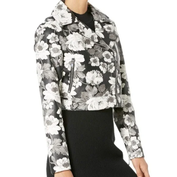 🔥SOLD🔥Sam Edelman Gray Black White Vegan Leather Floral Moto Jacket Size S NWT - Picture 4 of 9